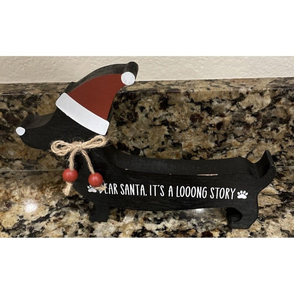Dachshund Black Wooden Christmas Decor Shelf Sitter Santa Its A Long Story NEW